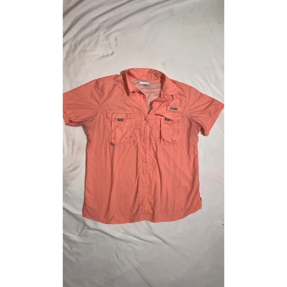 Columbia PFG Mens Large Short Sleeve Fishing Shirt Coral Pink Button Down Vent